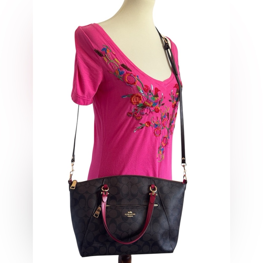 Coach Prairie Satchel Brown Signature Tote with Red Handles Crossbody *READ* - Picture 5 of 11